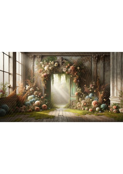 Vintage Kapı ve Çiçek Aranjmanları ile Rustik Arkaplan 200 x 150 cm Fon Duvar Örtüsü