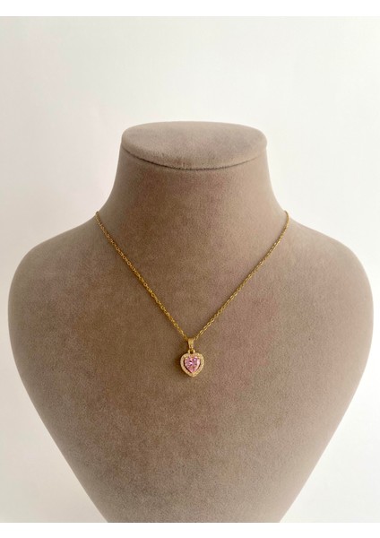 Pembe Zirkon Taşlı Kalp Çelik Kolye - Gold