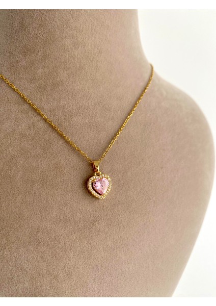 Pembe Zirkon Taşlı Kalp Çelik Kolye - Gold fiyatları