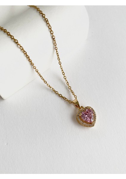 Pembe Zirkon Taşlı Kalp Çelik Kolye - Gold modelleri
