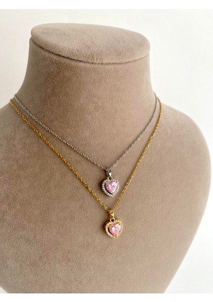 Pembe Zirkon Taşlı Kalp Çelik Kolye - Gold indirimleri