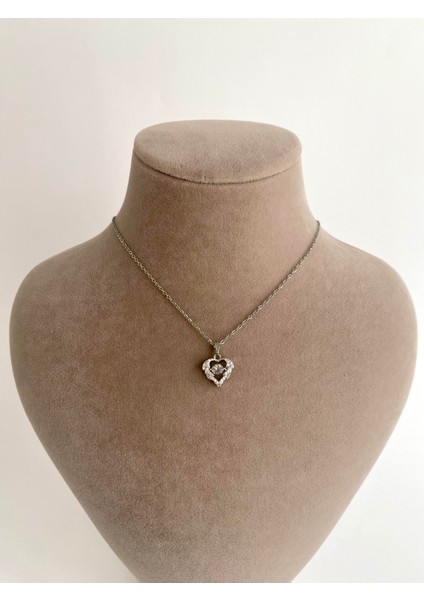 Taşlı Kalp Çelik Kolye - Silver