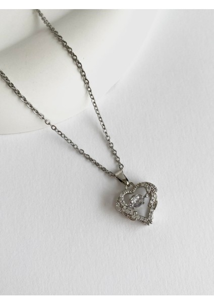 Taşlı Kalp Çelik Kolye - Silver