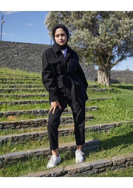 Kadın Önü Düğmeli Kuşaklı Kot Mont modelleri