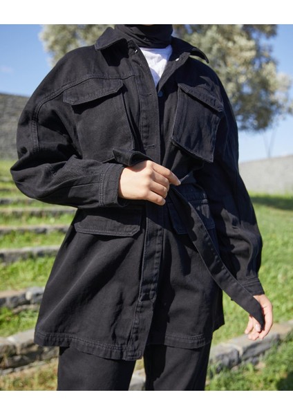 Kadın Önü Düğmeli Kuşaklı Kot Mont fırsatları