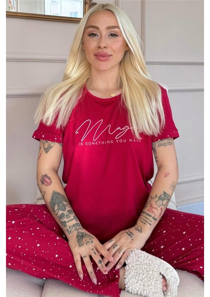 Bordo Magic Desenli Bambu Kısa Kol Kadın Pijama Takımı