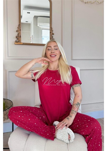 Bordo Magic Desenli Bambu Kısa Kol Kadın Pijama Takımı