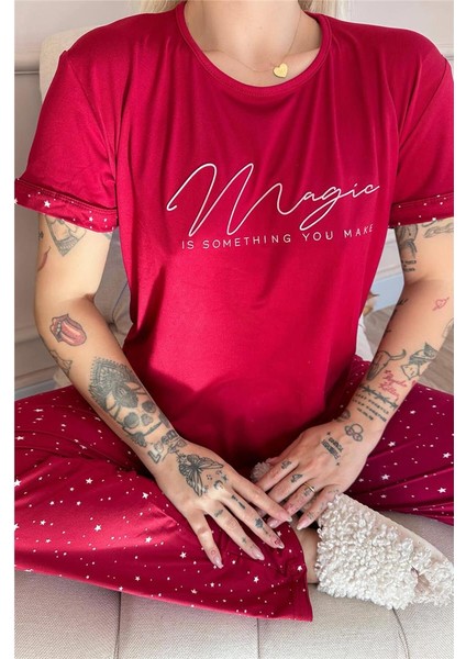 Bordo Magic Desenli Bambu Kısa Kol Kadın Pijama Takımı