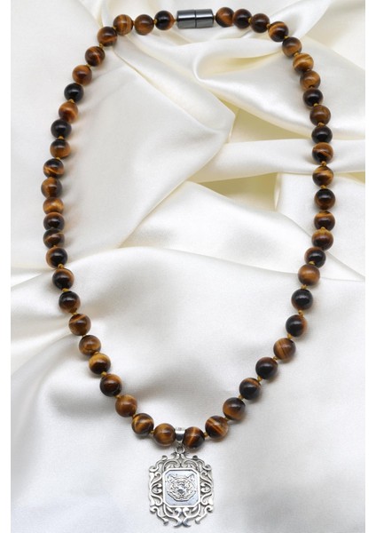 Kaplan Gözü Doğal Taş Özel Tasarım 925 Ayar Gümüş Kolye