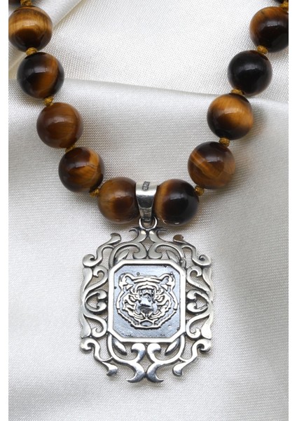 Kaplan Gözü Doğal Taş Özel Tasarım 925 Ayar Gümüş Kolye fiyatları