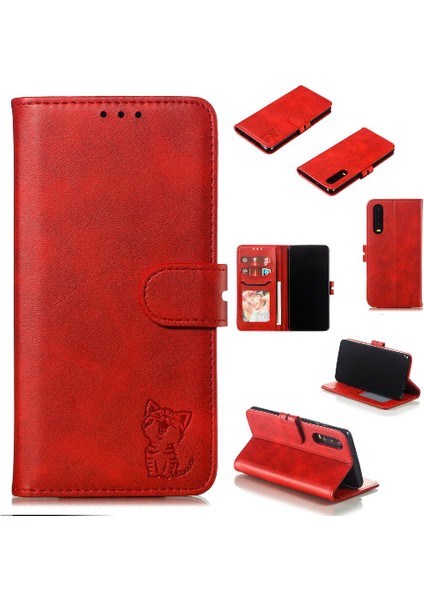 Huawei P30 Manyetik Kapatma Kabartmalı Kickstand Kartı Için Cüzdan Kılıf (Yurt Dışından)