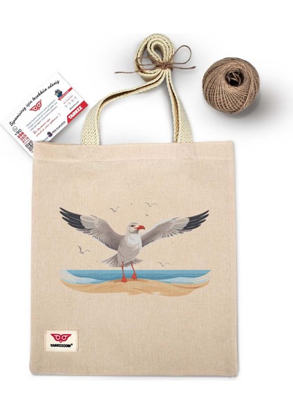 Ham Bez Çanta Tote Bag Deniz ve Martılar Dokuma Saplı Kadın Omuz Çantası