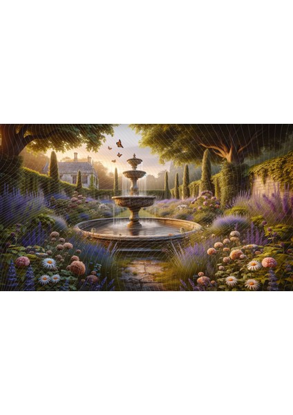 Romantik Çiçek Bahçesi ve Çeşme ile Vintage Arkaplan 200 x 150 cm Fon Duvar Örtüsü