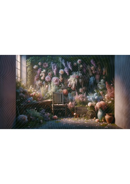 Romantik Çiçek Bahçesi ve Ahşap Detaylarla Dekoratif Arkaplan 200 x 150 cm Fon Duvar Örtüsü