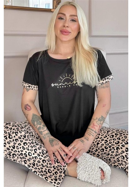 Siyah Sunshine Desenli Bambu Kısa Kol Kadın Pijama Takımı