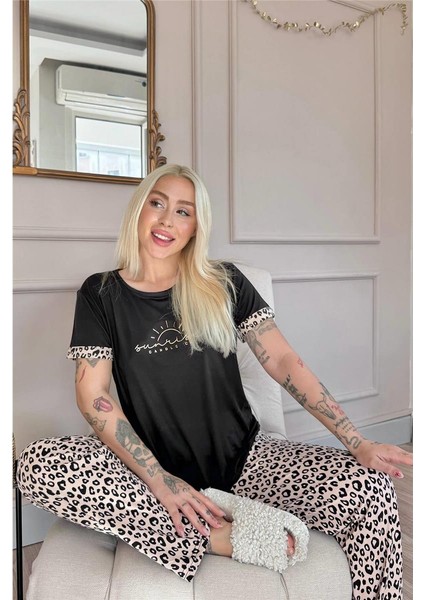 Siyah Sunshine Desenli Bambu Kısa Kol Kadın Pijama Takımı