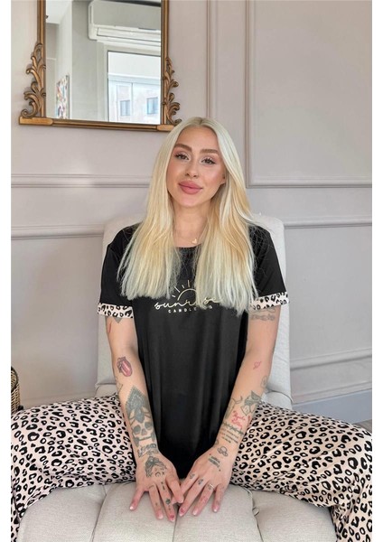 Siyah Sunshine Desenli Bambu Kısa Kol Kadın Pijama Takımı