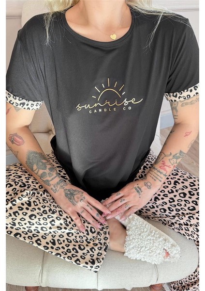 Siyah Sunshine Desenli Bambu Kısa Kol Kadın Pijama Takımı