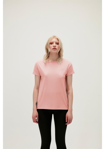 Violet O-Neck Pembe Logo Baskılı Basic Kadın Tişört