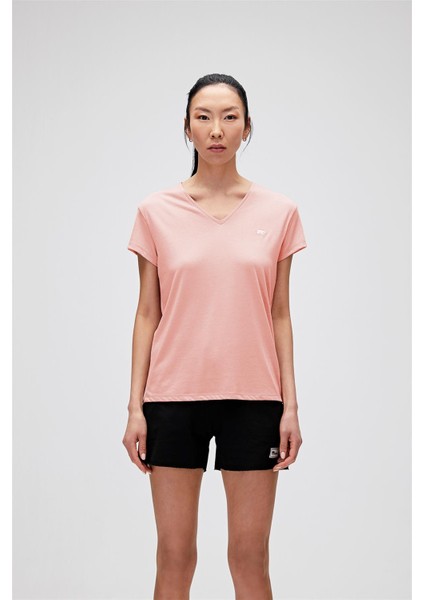 Violet V-Neck Pembe Logo Baskılı Basic Kadın Tişört