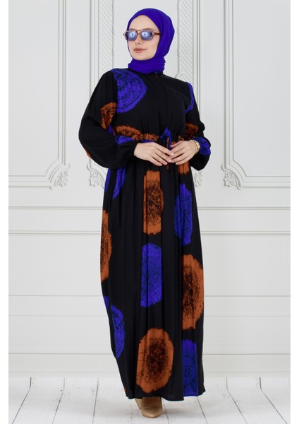 Gizli Düğmeli Dijital Baskı Viscon Elbise-Mavi