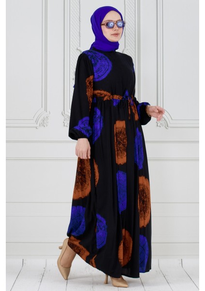 Gizli Düğmeli Dijital Baskı Viscon Elbise-Mavi fiyatları