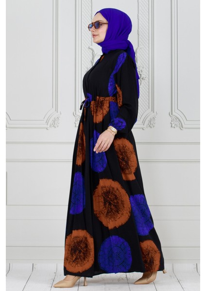 Gizli Düğmeli Dijital Baskı Viscon Elbise-Mavi modelleri