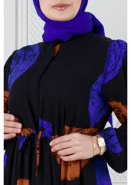 Gizli Düğmeli Dijital Baskı Viscon Elbise-Mavi fırsatları