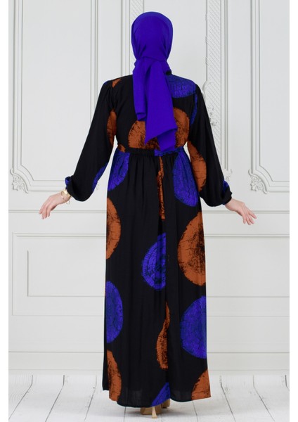 Gizli Düğmeli Dijital Baskı Viscon Elbise-Mavi indirimleri