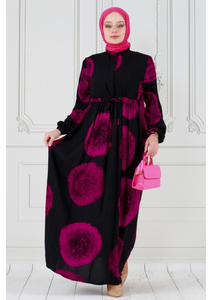 Gizli Düğmeli Dijital Baskı Viscon Elbise-Fuşya fiyatları