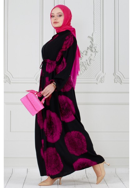 Gizli Düğmeli Dijital Baskı Viscon Elbise-Fuşya modelleri