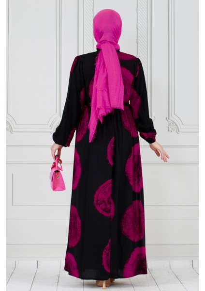 Gizli Düğmeli Dijital Baskı Viscon Elbise-Fuşya fırsatları