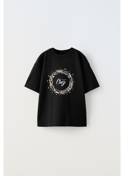 The Champ Let's Play Chess Yazılı Dönen Satranç Tasarım Baskılı Siyah Erkek Çocuk T-Shirt