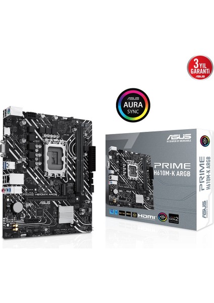 Prıme H610M-K Argb Intel H610 LGA1700 Ddr5 5600 HDMI VGA M2 Usb3.2 Aura Rgb Matx 96GB Kadar Ram