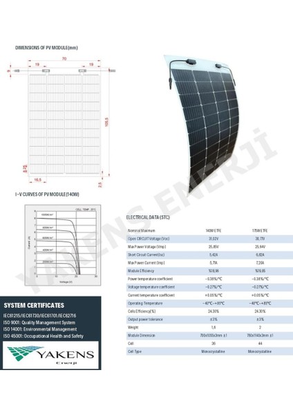 175W Etfe 10BB Esnek Güneş Paneli Lexron