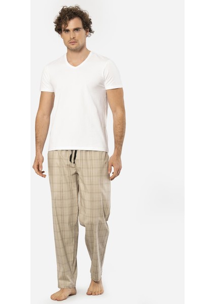 V Yaka Kısa Kol T-Shirt ve Cepli Ekoseli Alt Pijama Takım