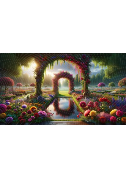 Çiçek Bahçesi Kemeri Temalı Renkli Çiçekler ve Su Yansımaları Ile Dekoratif Arkaplan 200 x 150 cm Fon Duvar Örtüsü