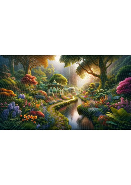 Doğa Manzaralı Gazebo ve Çiçek Bahçesi Temalı Renkli ve Huzur Verici Dekoratif Arkaplan 200 x 150 cm Fon Duvar Örtüsü