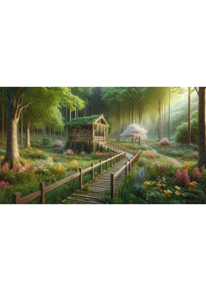 Doğa Içinde Ahşap Kulübe Temalı Renkli Çiçek Bahçesi Manzaralı Dekoratif Arkaplan 200 x 150 cm Fon Duvar Örtüsü