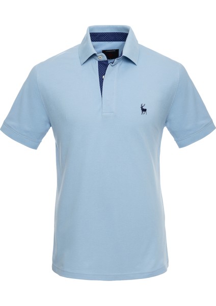 Erkek Mavi Triko Yaka Garnili Polo T-Shirt
