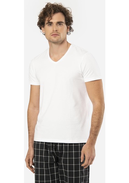 V Yaka Kısa Kol T-Shirt ve Cepli Ekoseli Alt Pijama Takım fırsatları