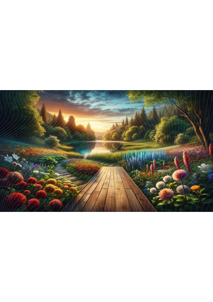 Gün Batımı Göl Manzaralı Çiçek Bahçesi Temalı Renkli ve Huzur Verici Dekoratif Arkaplan 200 x 150 cm Fon Duvar Örtüsü