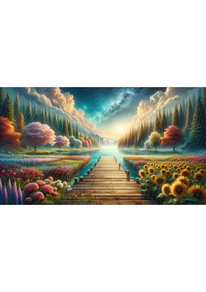 Gün Batımı Göl Manzaralı Çiçek Bahçesi Temalı Renkli ve Huzur Verici Dekoratif Arkaplan 200 x 150 cm Fon Duvar Örtüsü