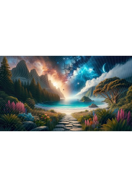 Galaksi Manzaralı Dağ ve Sahil Temalı Renkli ve Büyüleyici Dekoratif Arkaplan 200 x 150 cm Fon Duvar Örtüsü