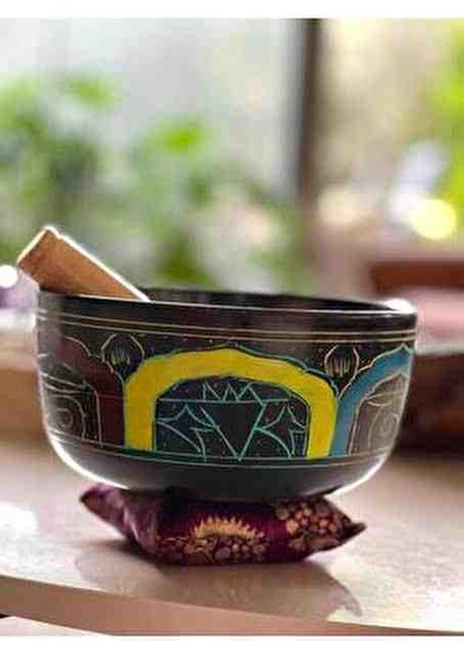 7 Chakra Desenli Meditasyon Çanı Tibet Çanağı Profesyonel El Yapımı Singing Bowl 19 cm