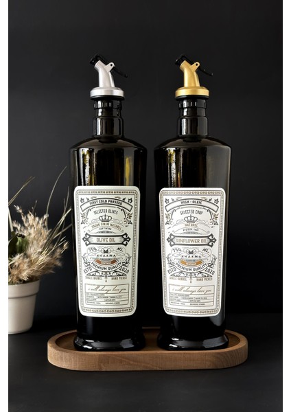 Vintage 750 ml Yağdanlık, Stantlı, Gümüş Başlık + Altın Başlık