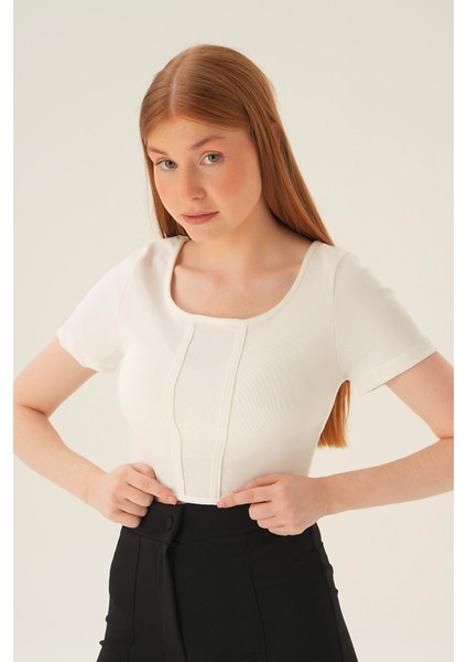 4166A Kayık Yaka Bluz Ekru