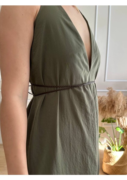 Çok Derin Dekolteli Deri Kordonlu Asimetrik Boy Elbise fiyatları