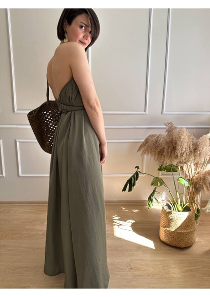 Çok Derin Dekolteli Deri Kordonlu Asimetrik Boy Elbise fırsatları