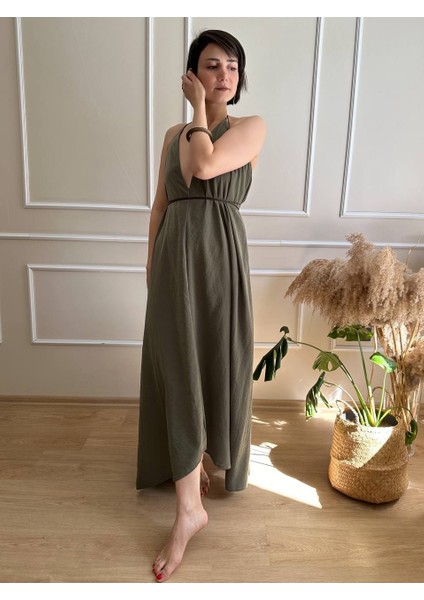 Çok Derin Dekolteli Deri Kordonlu Asimetrik Boy Elbise indirimleri